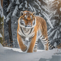 Fototapeta premium siberian tiger in the snowy forest, generative ai