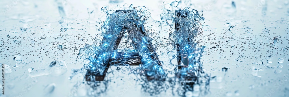 Poster ai lettering from splashing water, symbolizing fluid technology and digital transformation