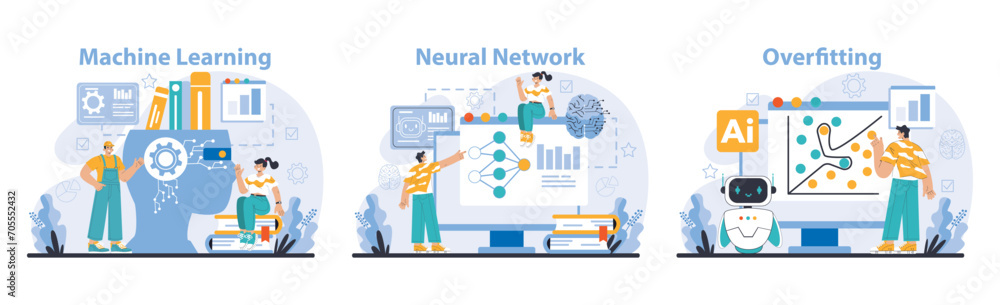 Poster ai model set. interactive scenes of machine learning, neural networks, and overfitting challenges. e