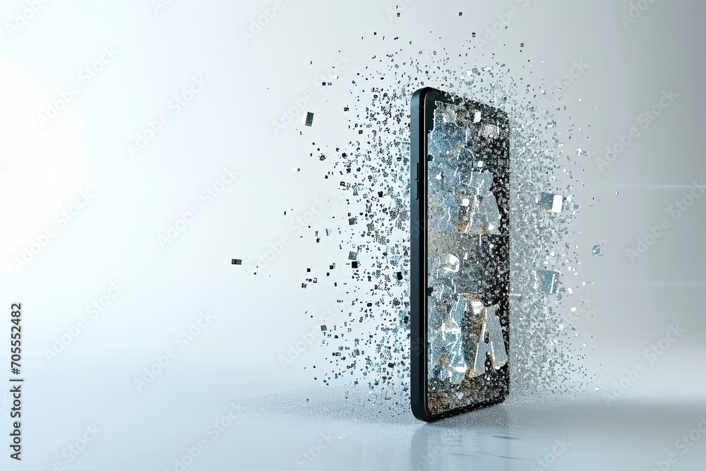 Poster Glass shards explode from phone screen, artistically data fragmentation artificial intelligence