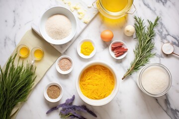 ingredients for risotto milanese saffron, rice, broth on marble
