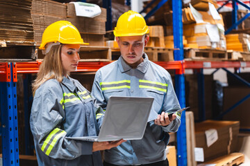 Factory manager, foreman worker checking stock inventory on good shelf in delivery storehouse of logistic storage warehouse, shipping distribution business, package box industry job for retail market