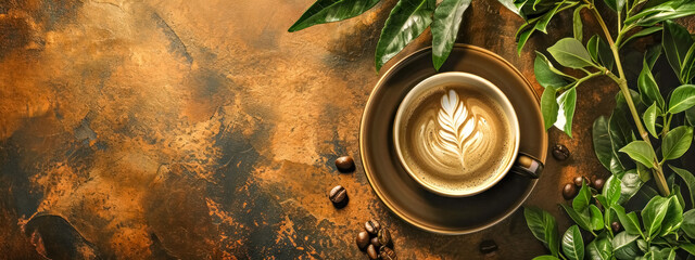 cup of coffee with a beautiful latte art leaf design on a rustic brown textured background, surrounded by green coffee leaves and a few scattered coffee beans