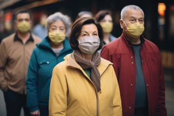 group of people in featureless masks in a line