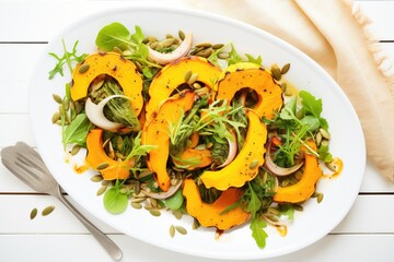 overhead view of roasted squash with mixed greens, pumpkin seeds
