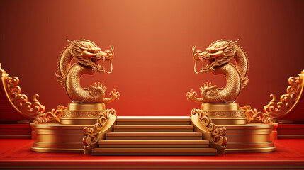 Chinese new year and golden dragon year podium,generative AI illustration