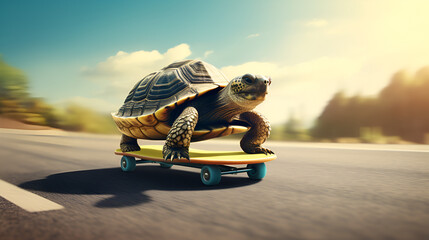  cute desert turtle on skateboard on the road in day time, Tortoise or turtle first place in the race, concept of Tortoise and the Hare, Generative AI
