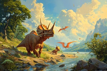 Triceratops family by a river with Pterosaurs flying overhead in a vibrant Cretaceous landscape.