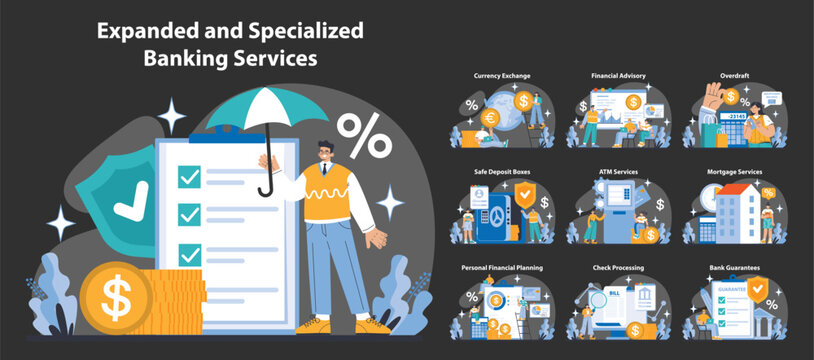 Expanded and specialized banking services night or dark mode set. Comprehensive coverage of financial operations. Client support, transaction ease, diversified portfolios.