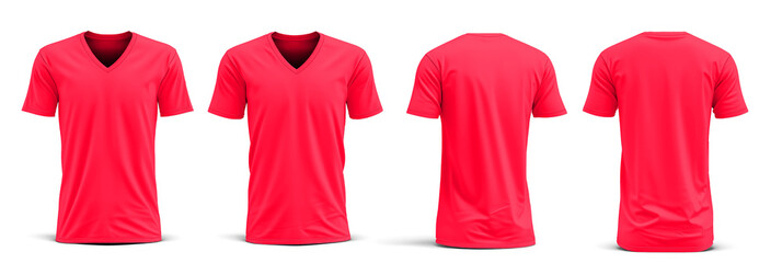 Blank pink shirt template. Tee Shirt short  sleeve with v-neck, tshirt for design mockup for print, isolated on white background.
