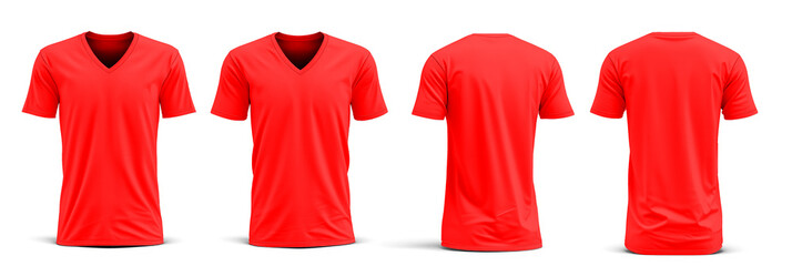 Blank red shirt template. Tee Shirt short  sleeve with v-neck, tshirt for design mockup for print, isolated on white background.