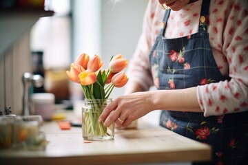 Obraz na płótnie Canvas florist arranging tulips in a glass vase