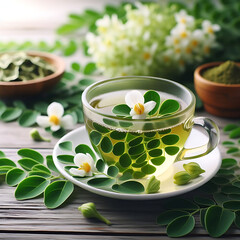 Moringa Infusion Delight: A visual ode to the wholesome goodness of moringa herbal tea. The delicate cup, adorned with fresh moringa leaves and blossoms, presents a serene scene that speaks of wellnes - obrazy, fototapety, plakaty