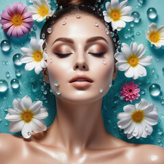 In a commercial shooting studio, a beautiful female model lies with her eyes closed in the water, surrounded by flowers, with a clean, moisturized face. Beautiful cosmetics model. This is a beauty com