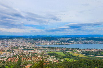 Aerial panorama of Zurich city and Lake Zurich from the Uetliberg mountain, Switzerland