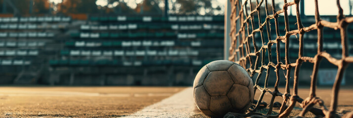 Aged football nestled in goal net, with an empty, sunlit stadium in the soft focus background. - obrazy, fototapety, plakaty