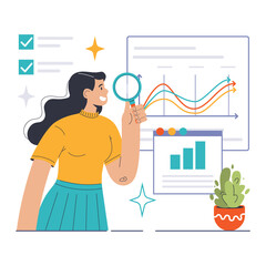 Exploring Market Trends. Analytical woman scrutinizes growth charts on a digital board, highlighting business performance and niche market movements. In-depth research. Flat vector illustration.