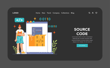 Open source web banner or landing page dark or night mode. Software with code available for use, modification, and distribution. Collaborative free accessible software. Flat vector illustration