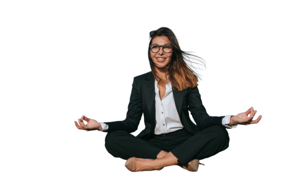 Relaxed businesswoman in a suit practices meditation in front of a modern office building, blending mindfulness with corporate life - Powered by Adobe