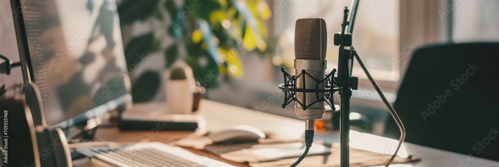 Poster podcast recording equipment in a sunlit room with microphone and computer screens