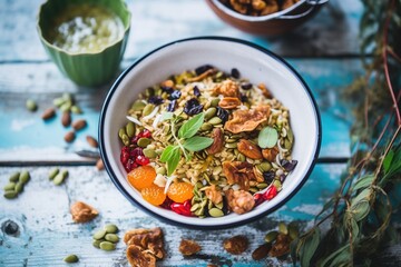 festive granola bowl with cranberries and pumpkin seeds