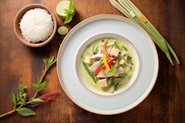 green curry served with jasmine rice on a plate