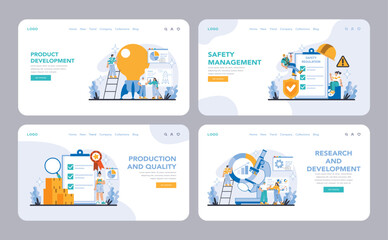 Fototapeta na wymiar Production and Quality web or landing page set. Four web banners showcasing key industrial processes in product development, safety, research, and quality assurance. Flat vector illustration.