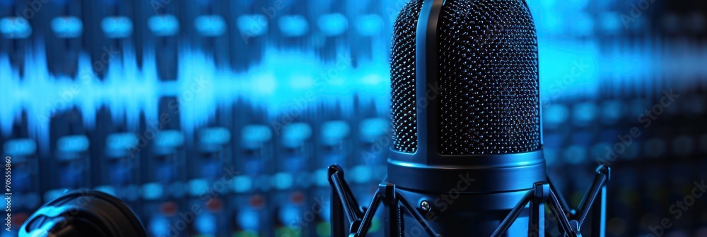 Poster close-up of studio microphone with sound wave pattern background, recording podcast production