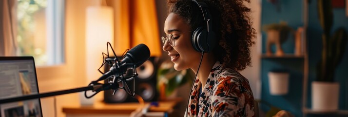 Cheerful podcaster speaking into a microphone in a warm, plant-filled room, home recording setup - obrazy, fototapety, plakaty
