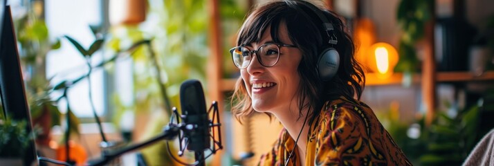 Joyful female podcaster in a sunlit room, engaging with audience, professional podcast setup - obrazy, fototapety, plakaty