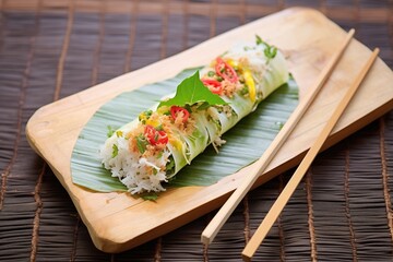cauliflower carpaccio rolled with herbs on a bamboo mat