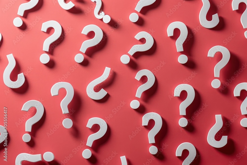 Poster Red surface with scattered white question marks, search solutions and presence of many questions