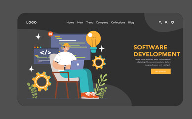 Software development web banner or landing page dark or night mode. Coding, back-end and front-end engineering or programming. Software script and algorithm development. Flat vector illustration