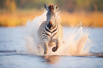 Keuken spatwand met foto zebra kicking up water, creating splashes © stickerside
