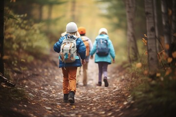 children with backpacks hiking on a forest trail