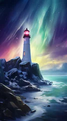 Fotobehang lighthouse in the sea at night in northern with aurora in the sky © Maizal