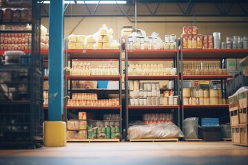 warehouse shelves stacked with canned goods - obrazy, fototapety, plakaty