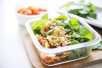 lasagna packed in a meal prep container with salad