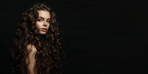 girl with beautiful curly long hair on a black background
