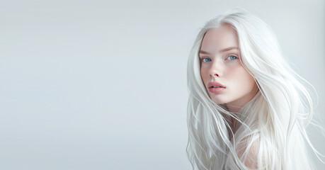 Naklejka premium Girl with long white hair on a white background 