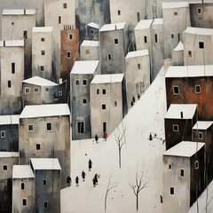Drawing of a winter city with people walking around
 - obrazy, fototapety, plakaty