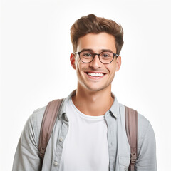 Fototapeta premium A guy in a white T-shirt and a brown jacket smiles on a white background 