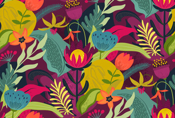 Vector seamless pattern with bright flowers and leaves. Endless floral background - 705557803