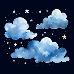 Pattern of Watercolor illustration of cute clouds and stars at night.