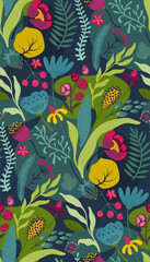 Vector seamless pattern with bright flowers and leaves. Endless floral background - 705557883