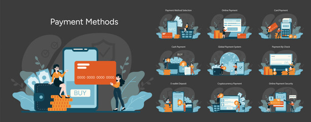 Payment Methods concept. Diverse transaction options for consumers. Digital, NFC, cash, global systems, checks, e-wallets, cryptocurrency, secure online processes. Flat vector illustration