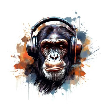 Bonobo Ape in Headphones on White Background

