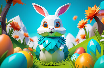 Easter bunny with eggs in the garden. 3d illustration.