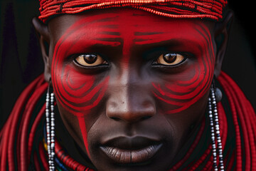 closeup of an african masai dressed in red checkered suit