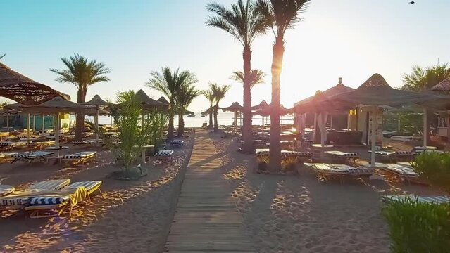 Hotel guest walks along a wooden deck to the sea early in the morning, empty beach without people. Vacation rest holiday in Sharm El Sheikh resort town, Egypt. First person view. Palm trees